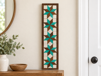 S1 — vertical five-star wooden barn quilt wall art, five turquoise and brown stars on ivory squares, displayed beside an entryway