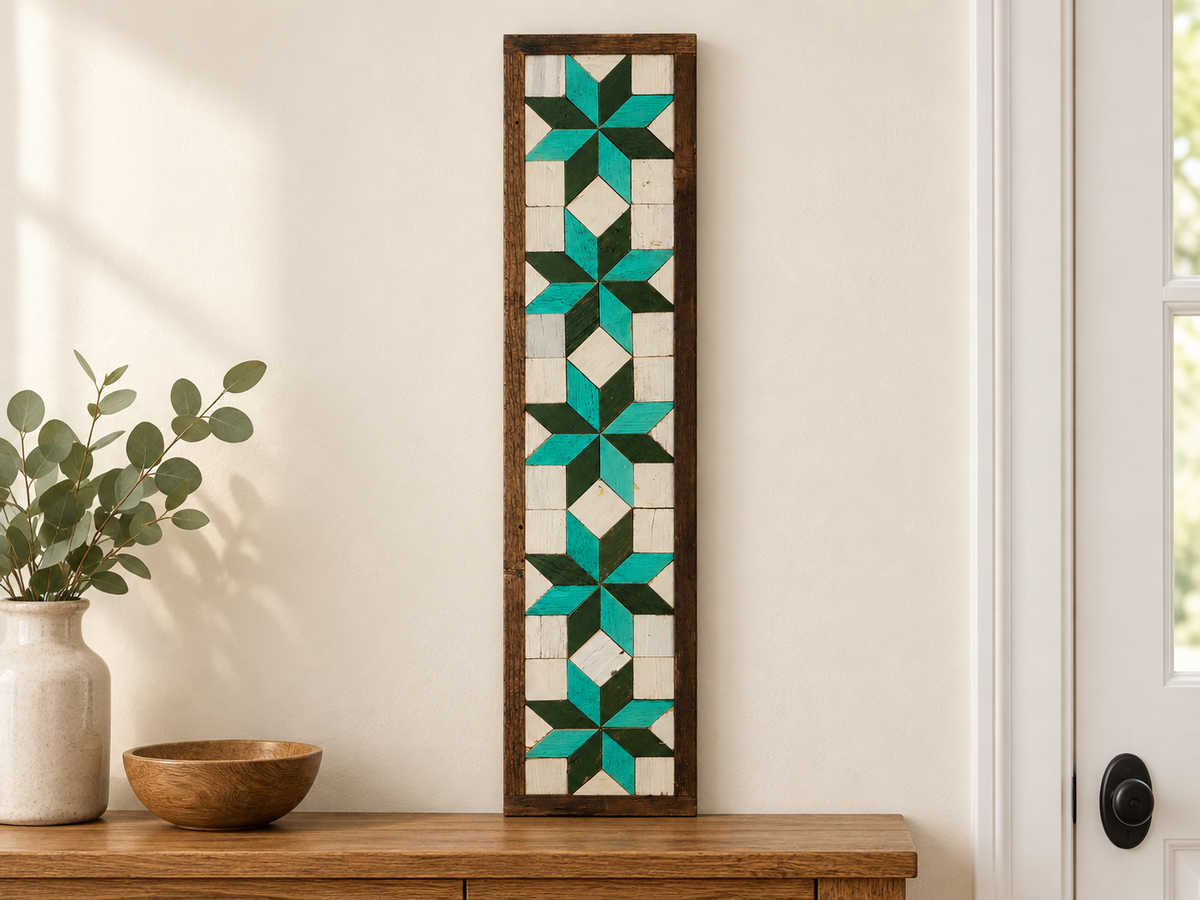 S11 — vertical five-star wooden barn quilt wall art, five turquoise and dark-green stars on ivory squares, displayed beside an entryway