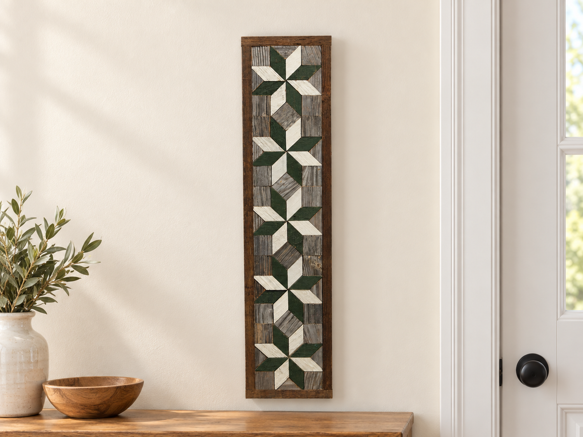 S13 — vertical five-star wooden barn quilt wall art, five dark-green and ivory stars on weathered gray squares, displayed beside an entryway
