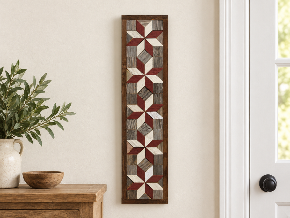 S5 — vertical five-star wooden barn quilt wall art, five brick-red and ivory stars on weathered gray squares, displayed beside an entryway