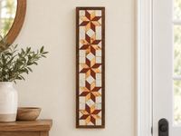 S6 — vertical five-star wooden barn quilt wall art, five brick-red and honey-wood stars on ivory squares, displayed beside an entryway