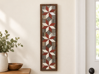S7 — vertical five-star wooden barn quilt wall art, five brick-red and ivory stars on weathered gray squares with a distinctive knot in the bottom connecting diamond, displayed beside an entryway