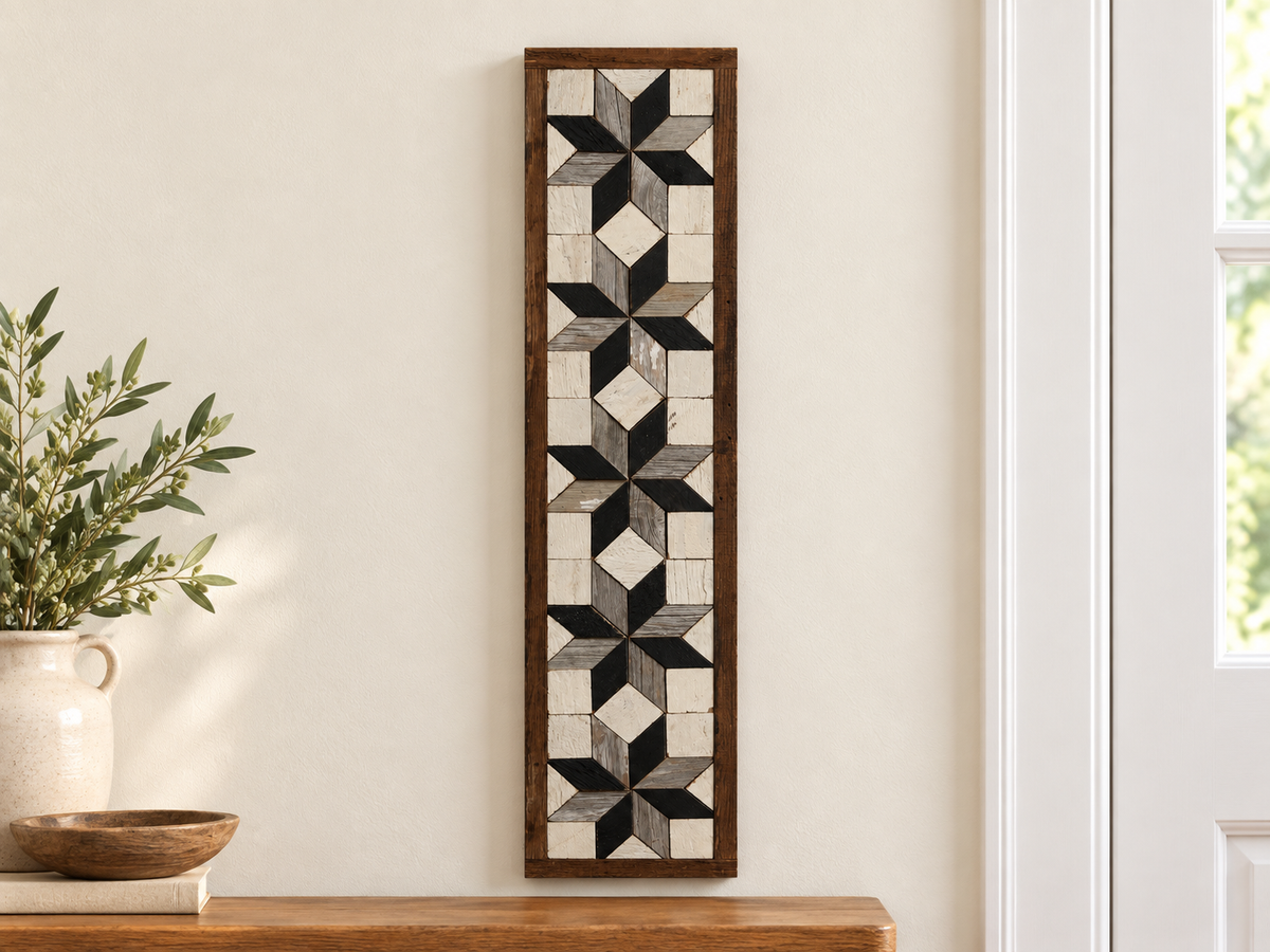 S8 — vertical five-star wooden barn quilt wall art, five black and silver-gray stars on ivory squares, displayed beside an entryway