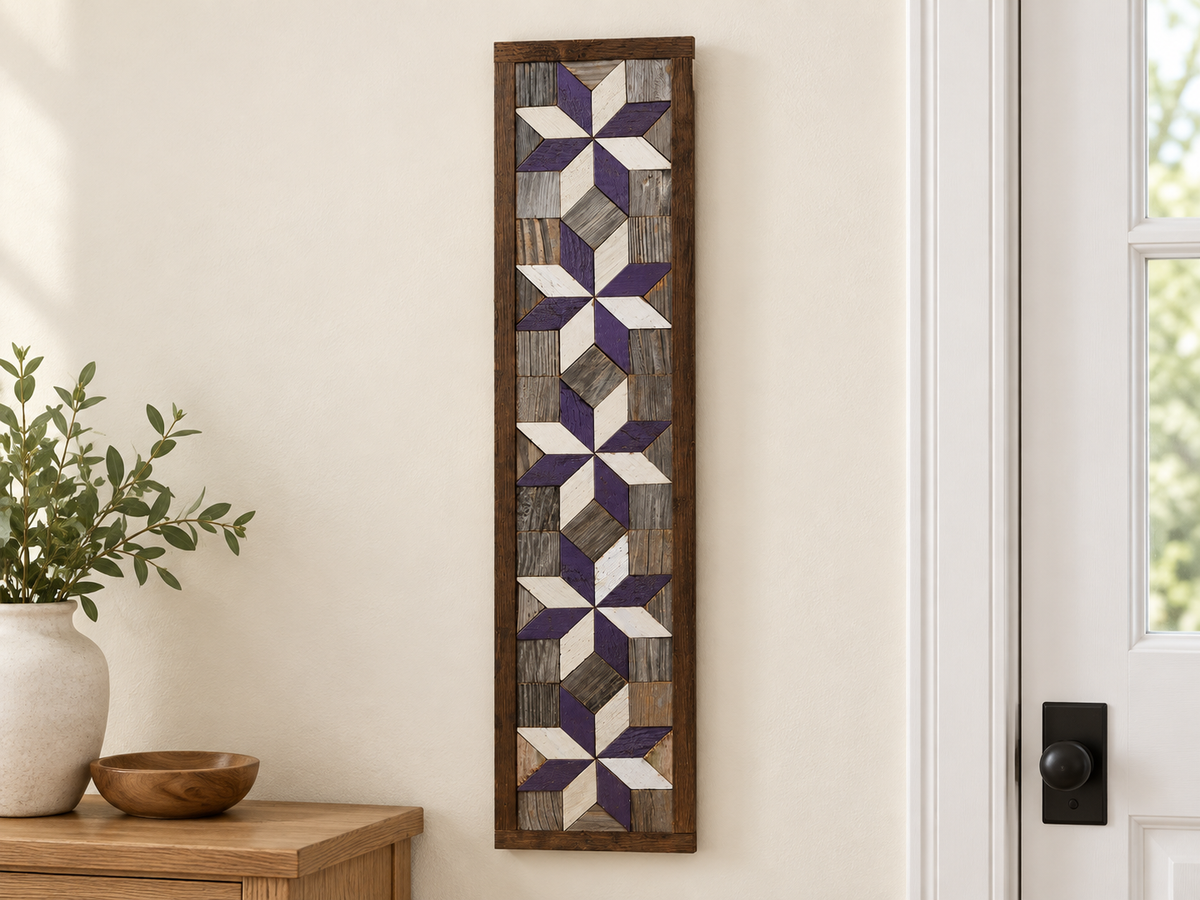 S9 — vertical five-star wooden barn quilt wall art, five purple and ivory stars on weathered gray squares, displayed beside an entryway
