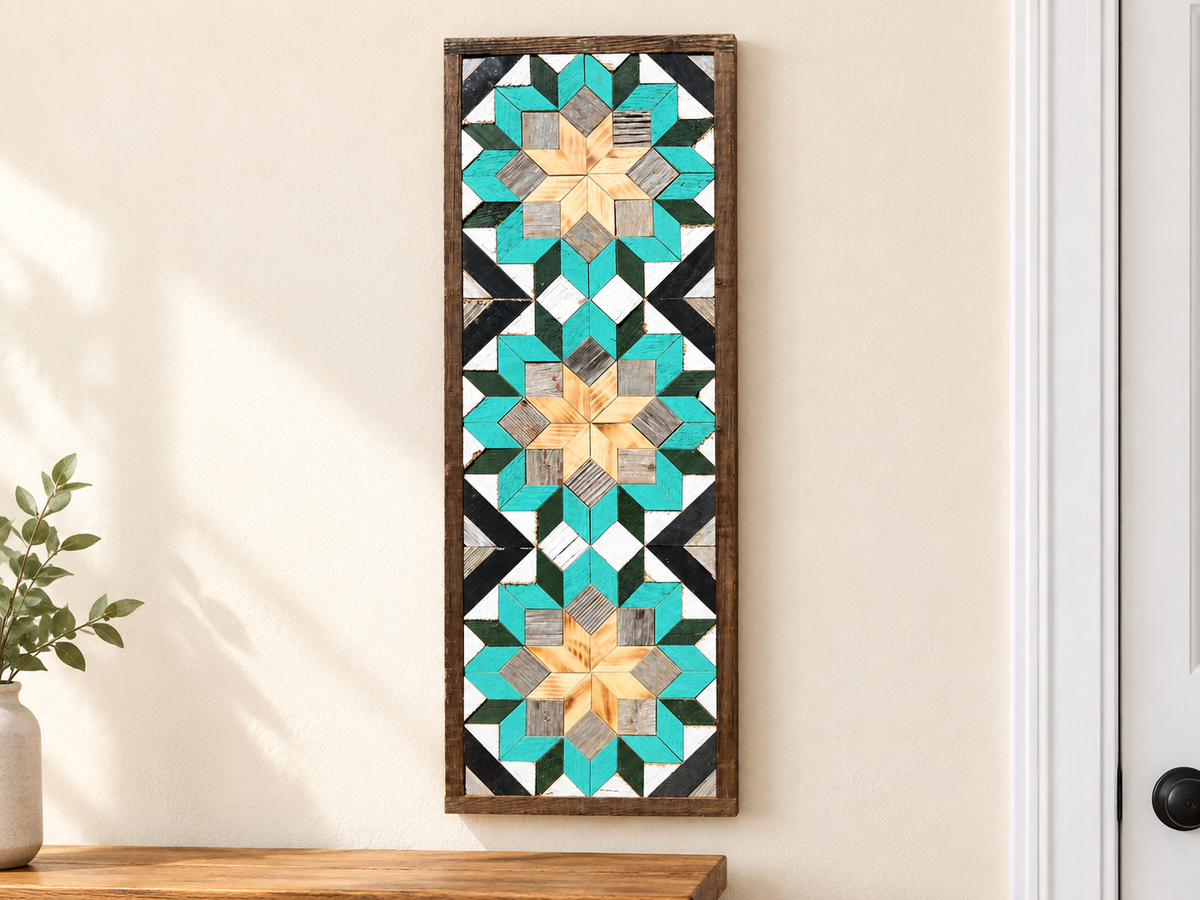 S1159 — tall wooden barn quilt banner wall art, three stacked flowers with natural wood centers, gray blocks, turquoise petals and dark green tips, displayed on an indoor wall in a styled home