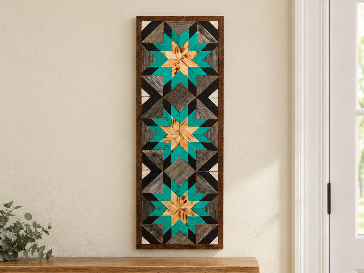 S1212 — tall wooden barn quilt banner wall art, three stacked starbursts with natural wood centers, turquoise middles and black tips, displayed on an indoor wall in a styled home
