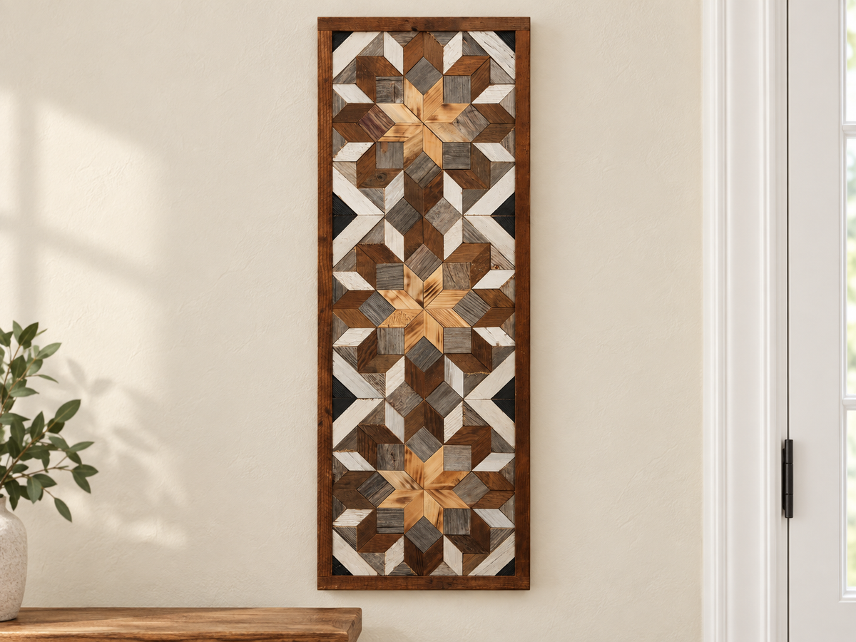 S1214 — tall wooden barn quilt banner wall art, three natural wood center flowers, gray blocks, brown petals, white outer petals and black corner diagonals, displayed on an indoor wall in a styled home