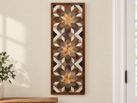 S1214 — tall wooden barn quilt banner wall art, three natural wood center flowers, gray blocks, brown petals, white outer petals and black corner diagonals, displayed on an indoor wall in a styled home