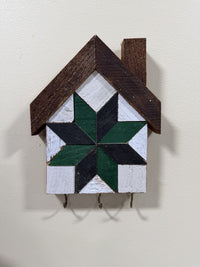 KH-02: Amish handmade house-shaped barn quilt key holder, green & black star mosaic, reclaimed barn wood and three hooks