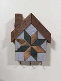 KH-03: Amish handmade house-shaped barn quilt key holder, green & natural wood star mosaic, reclaimed barn wood and three hooks