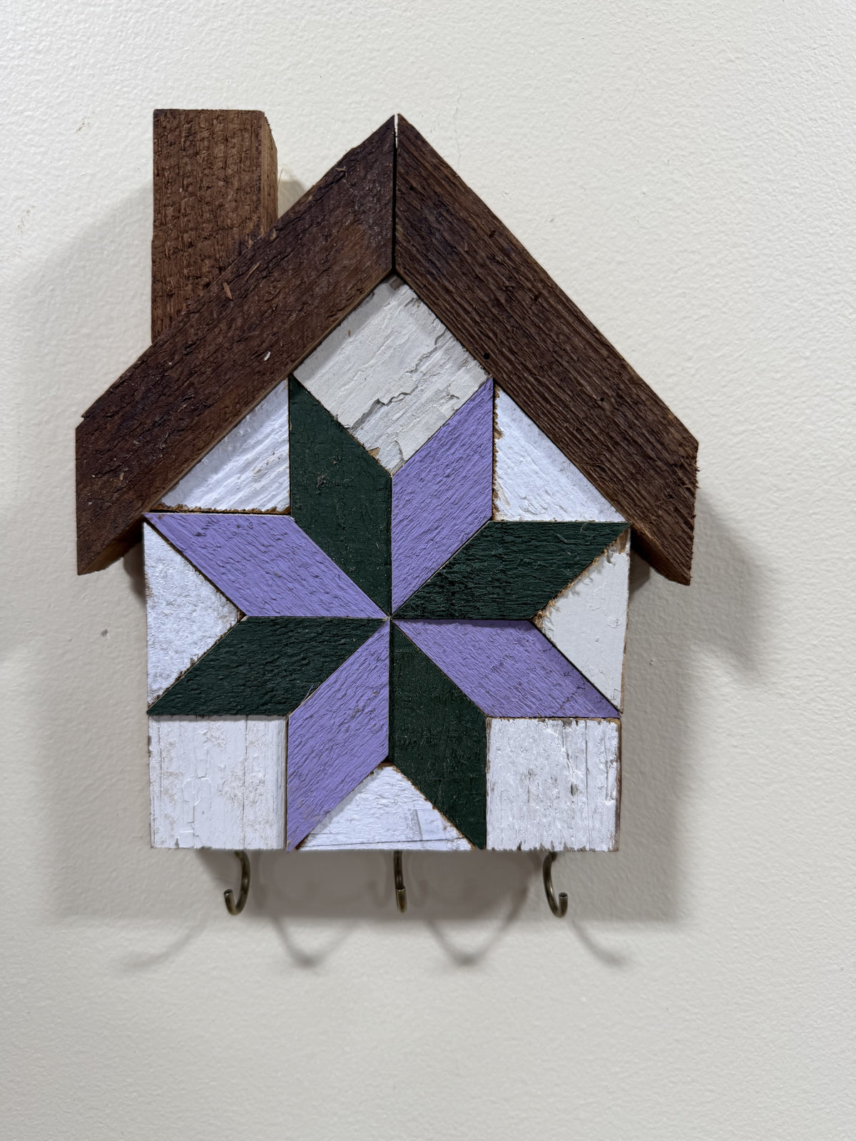 KH-05: Amish handmade house-shaped barn quilt key holder, purple & green star mosaic, reclaimed barn wood and three hooks