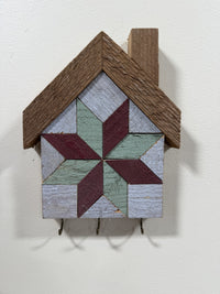KH-08: Amish handmade house-shaped barn quilt key holder, burgundy & sage star mosaic, reclaimed barn wood and three hooks