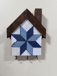 KH-10: Amish handmade house-shaped barn quilt key holder, navy & blue star mosaic, reclaimed barn wood and three hooks