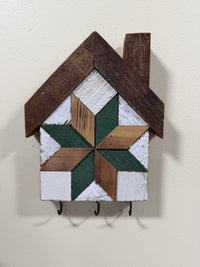 KH-12: Amish handmade house-shaped barn quilt key holder, natural wood & green star mosaic, reclaimed barn wood and three hooks
