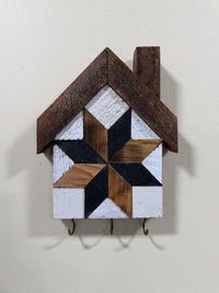 KH-13: Amish handmade house-shaped barn quilt key holder, black & natural wood star mosaic, reclaimed barn wood and three hooks