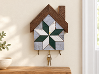 KH-01 — house-shaped wooden barn quilt key holder with exactly three existing metal hooks, KH-01 Green & White, displayed beside an entryway