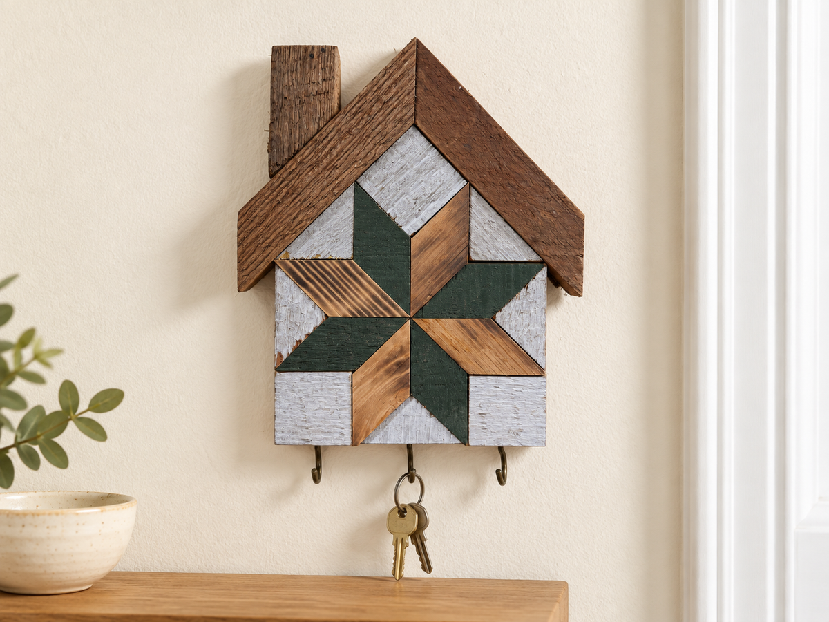KH-03 — house-shaped wooden barn quilt key holder with exactly three existing metal hooks, KH-03 Green & Natural Wood, displayed beside an entryway