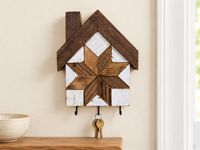 KH-04 — house-shaped wooden barn quilt key holder with exactly three existing metal hooks, KH-04 Natural Wood, displayed beside an entryway