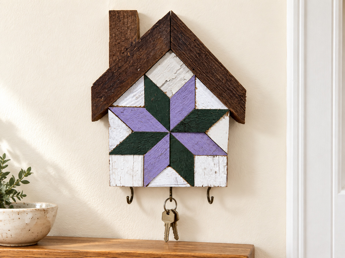 KH-05 — house-shaped wooden barn quilt key holder with exactly three existing metal hooks, KH-05 Purple & Green, displayed beside an entryway