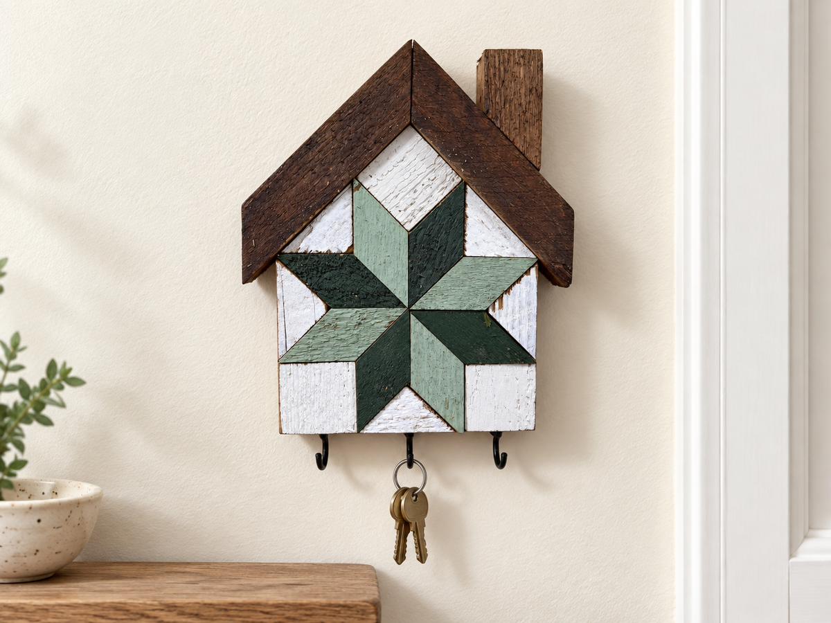 KH-06 — house-shaped wooden barn quilt key holder with exactly three existing metal hooks, KH-06 Sage & Forest Green, displayed beside an entryway