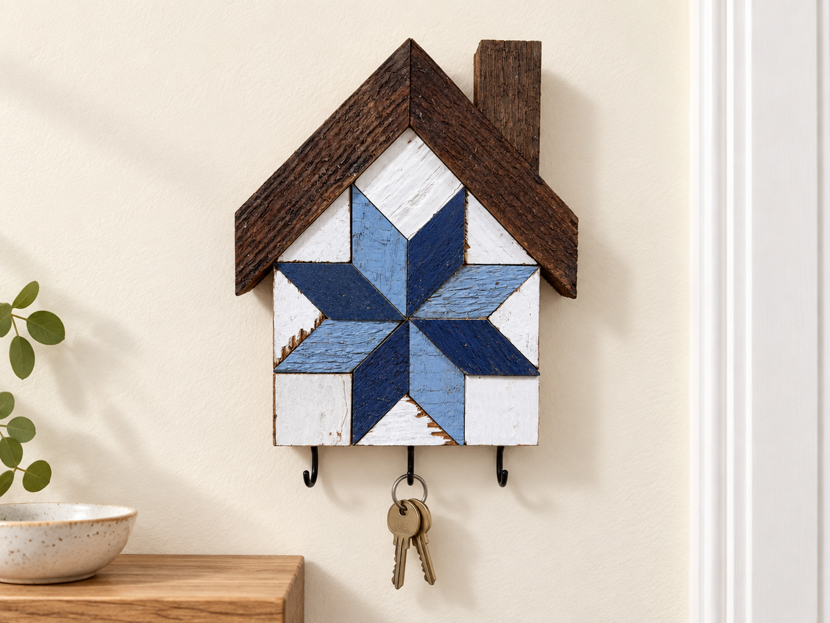 KH-10 — house-shaped wooden barn quilt key holder with exactly three existing metal hooks, KH-10 Navy & Blue, displayed beside an entryway