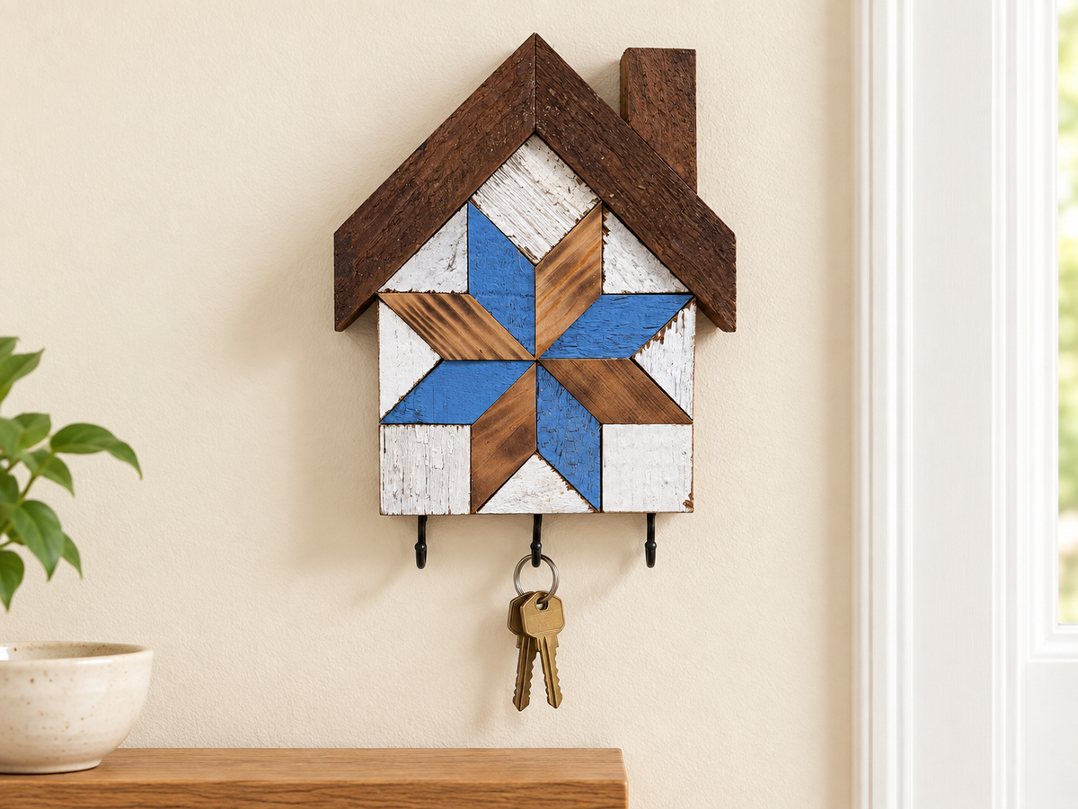 KH-11 — house-shaped wooden barn quilt key holder with exactly three existing metal hooks, KH-11 Blue & Natural Wood, displayed beside an entryway