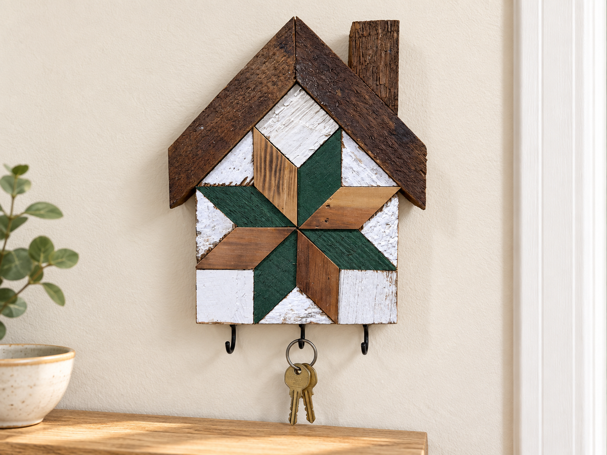 KH-12 — house-shaped wooden barn quilt key holder with exactly three existing metal hooks, KH-12 Natural Wood & Green, displayed beside an entryway