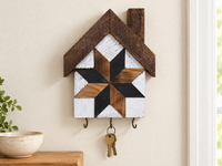KH-13 — house-shaped wooden barn quilt key holder with exactly three existing metal hooks, KH-13 Black & Natural Wood, displayed beside an entryway