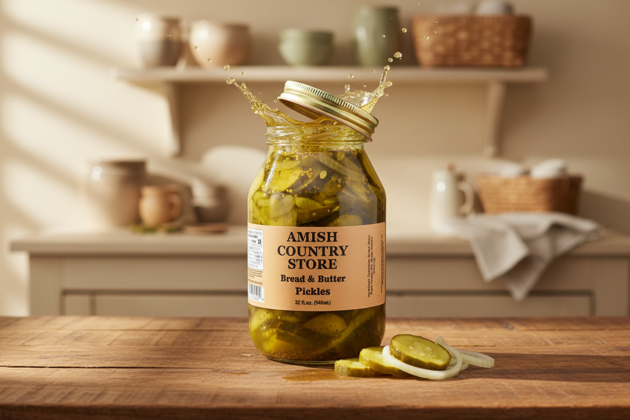 Jar of Amish Country Store pickles on a wooden table with kitchen shelves in the background.