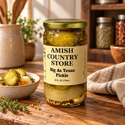 Big As Texas Pickle 24 fl oz jar on a rustic pantry counter beside a bowl of pickles.