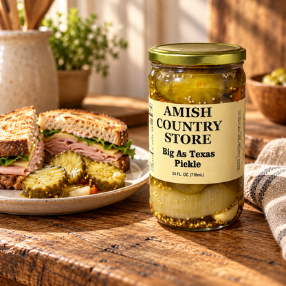 Big As Texas Pickle jar beside a toasted deli sandwich and sliced pickles on a ceramic plate.