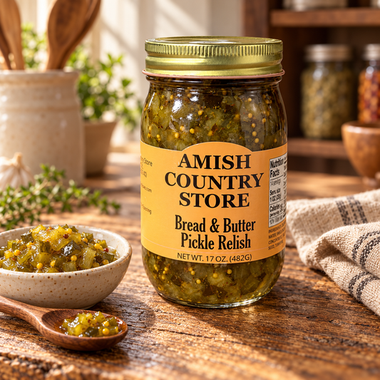 Amish Country Store Bread & Butter Pickle Relish, 17 oz jar, beside a bowl of relish in a warm farmhouse pantry.
