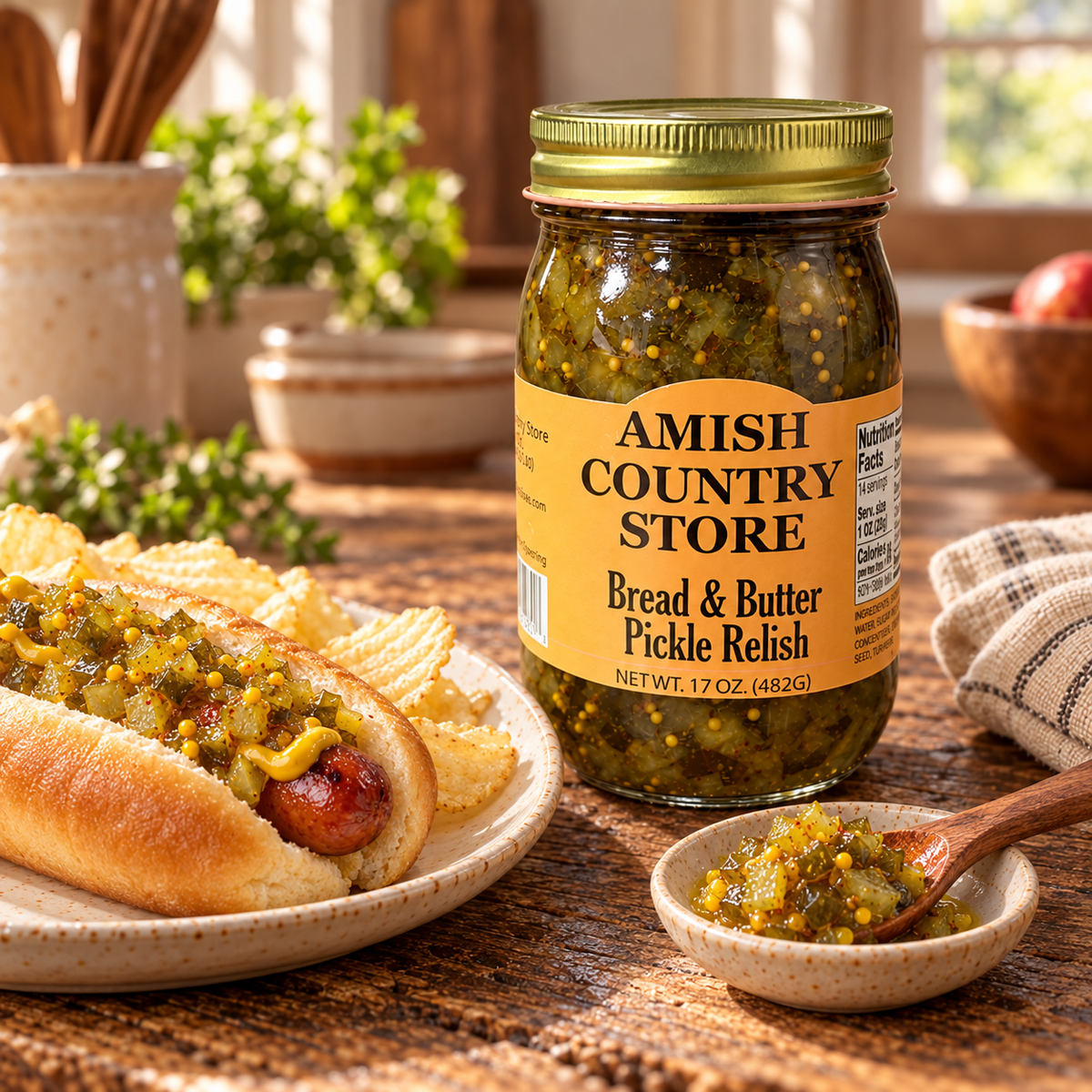 Bread & Butter Pickle Relish jar beside a hot dog topped with sweet pickle relish on a rustic cookout table.