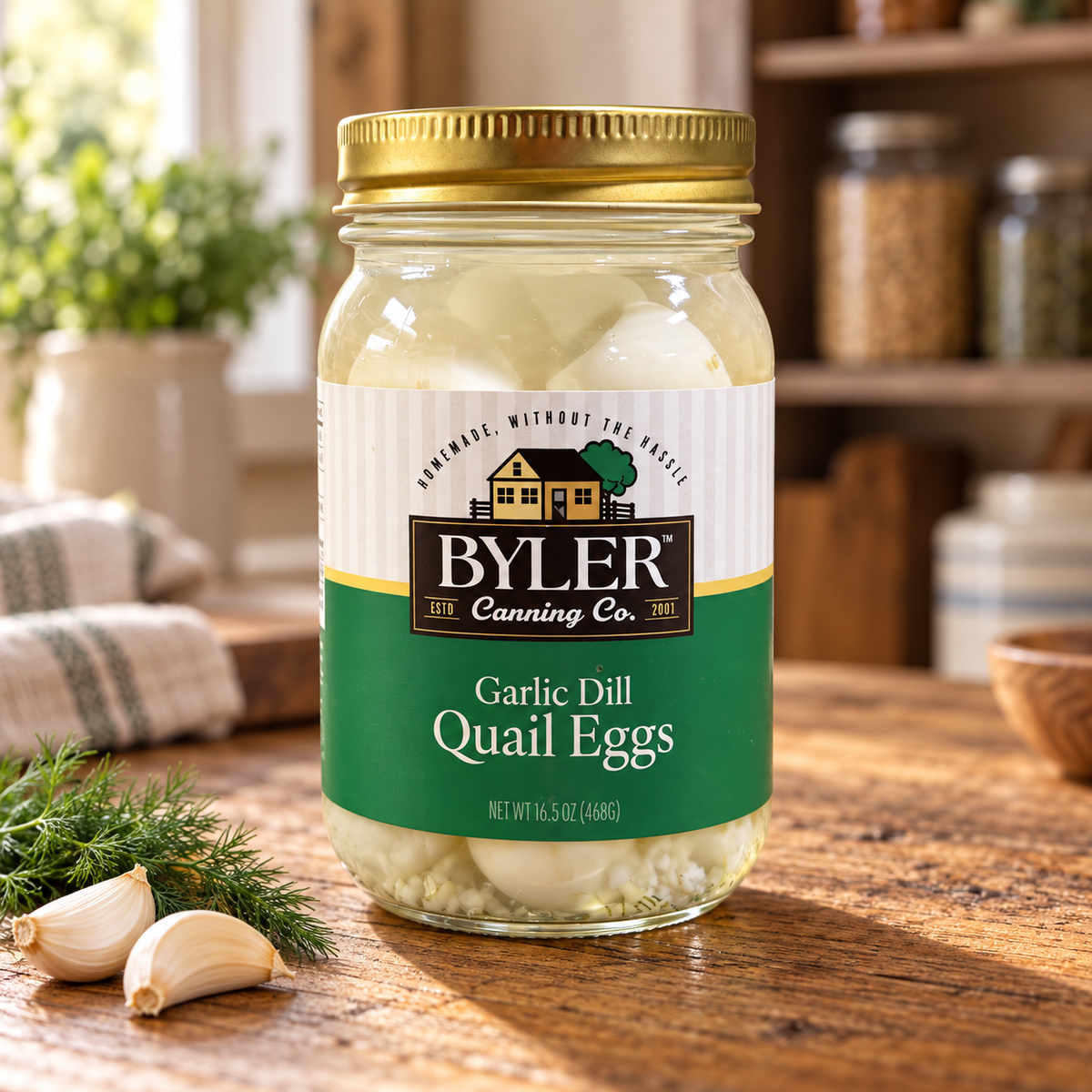 Byler Garlic Dill Pickled Quail Eggs | 16.5 oz jar on a rustic kitchen table