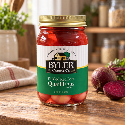Byler Pickled Red Beet Quail Eggs | 16.5 oz jar on a rustic kitchen table