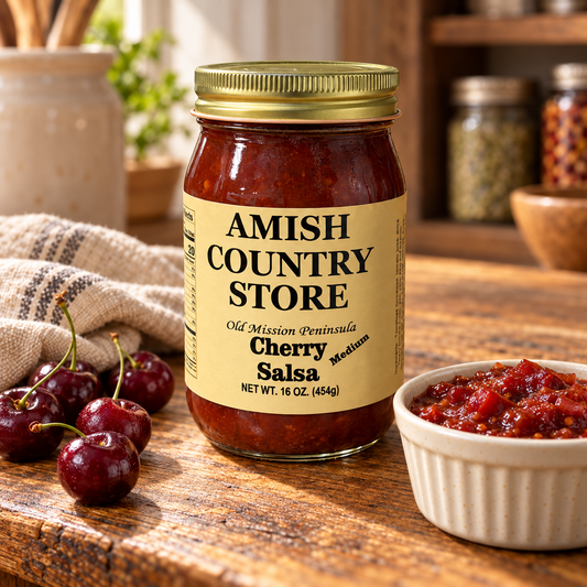 Old Mission Peninsula Cherry Salsa jar with cherries and a ramekin of salsa on a rustic pantry counter.