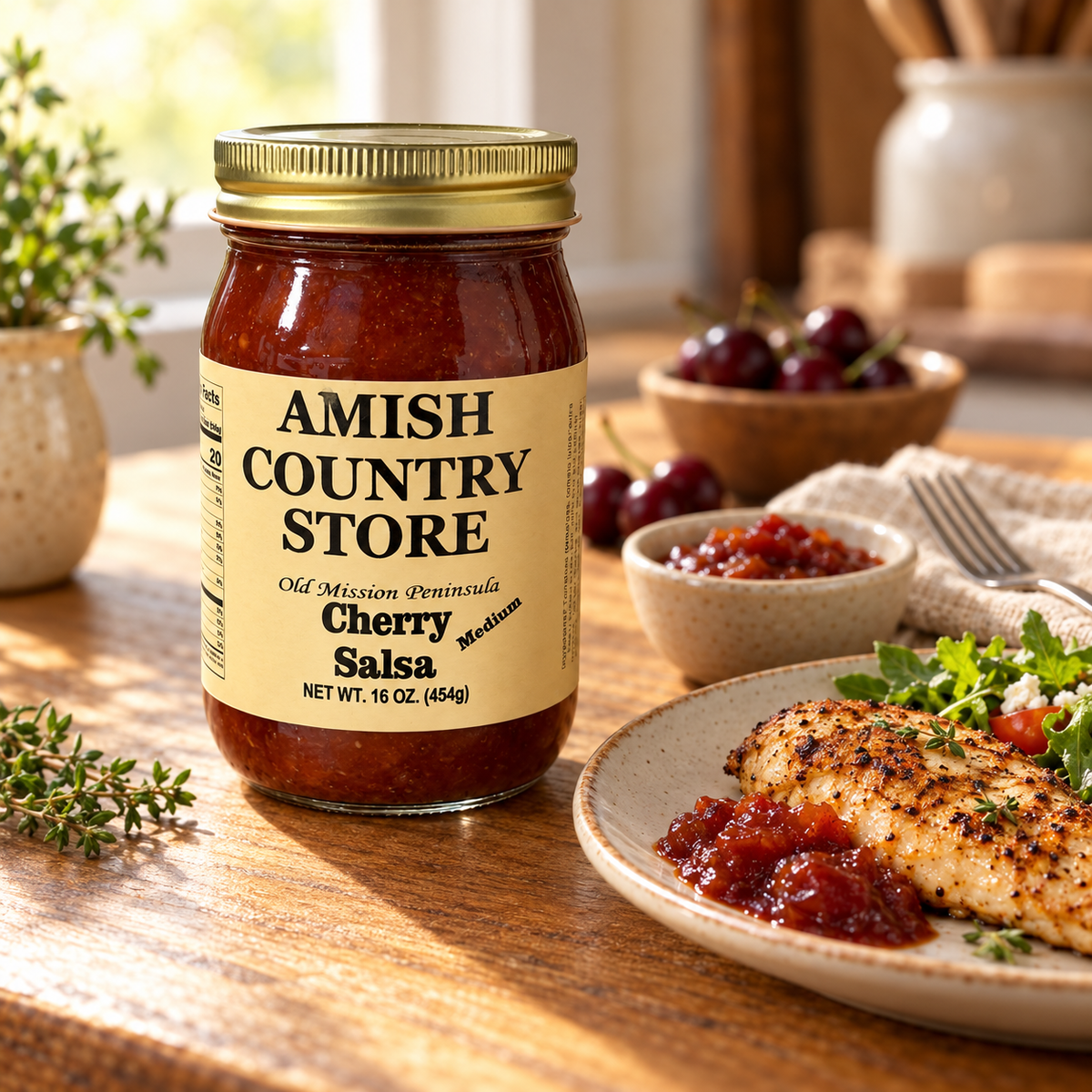 Medium Cherry Salsa jar beside grilled chicken and a bowl of salsa on a farmhouse table.