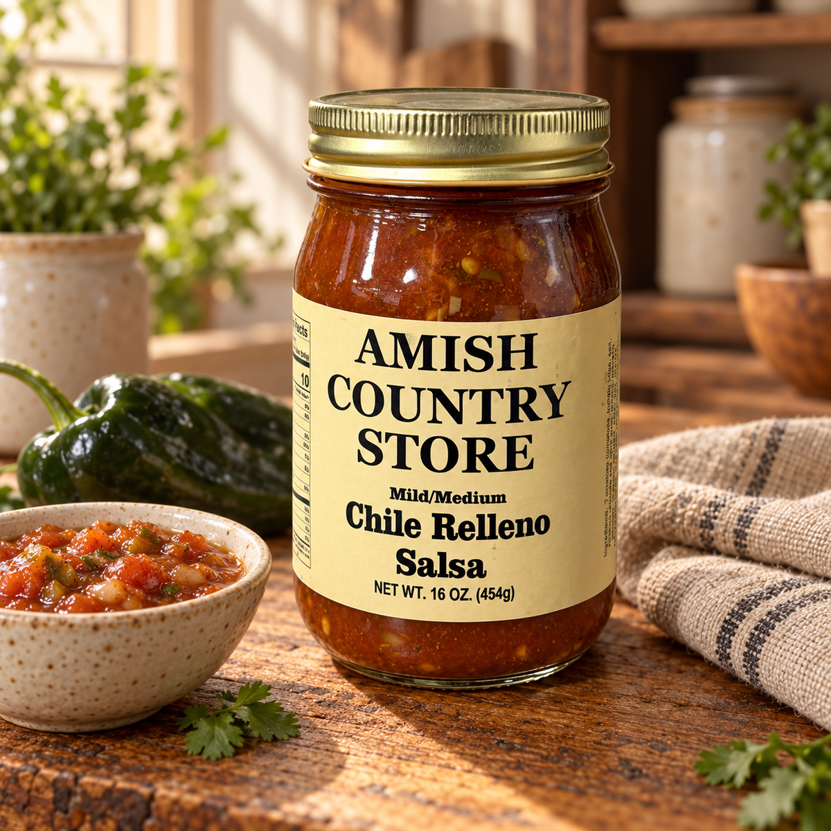 Chile Relleno Salsa 16 oz jar on a rustic pantry counter with a poblano pepper and bowl of salsa.
