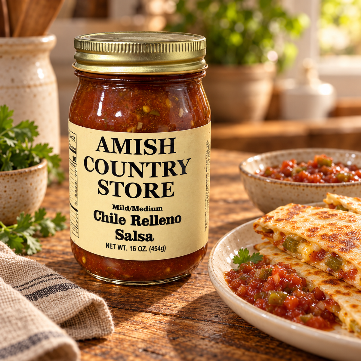 Chile Relleno Salsa jar beside golden quesadilla wedges and a bowl of salsa on a farmhouse table.