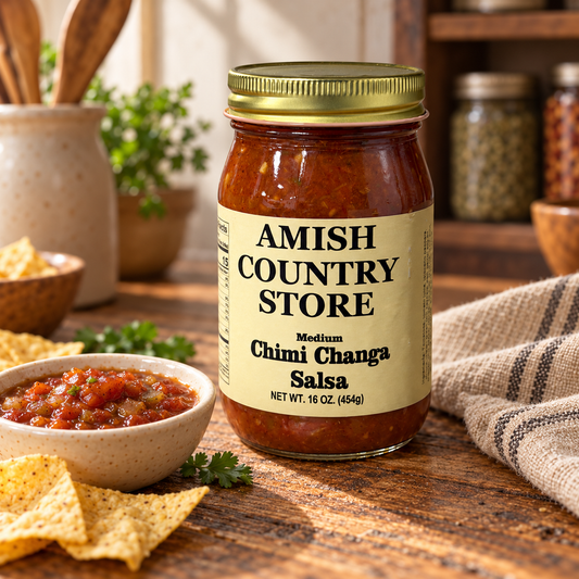 Amish Country Store Medium Chimi Changa Salsa, 16 oz jar, beside tortilla chips and salsa in a warm farmhouse pantry.