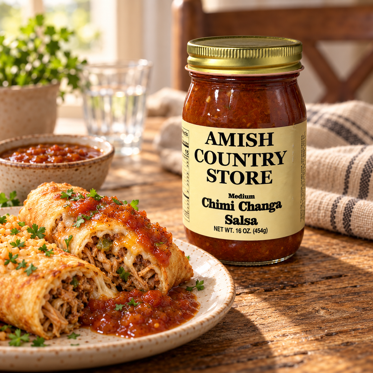 Medium Chimi Changa Salsa jar beside golden chimichangas topped with salsa on a country supper table.