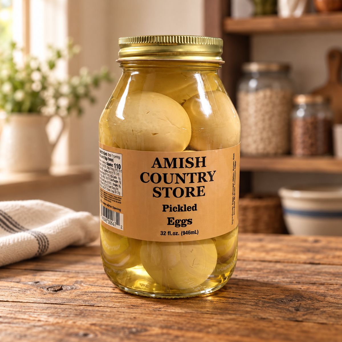 Classic Pickled Eggs in Vinegar Brine | 32 fl oz jar on a rustic kitchen table