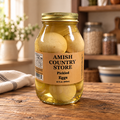 Classic Pickled Eggs in Vinegar Brine | 32 fl oz jar on a rustic kitchen table
