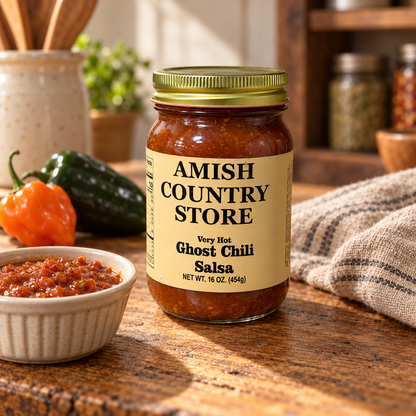 Amish Country Store Very Hot Ghost Chili Salsa jar with peppers and a bowl of salsa on a rustic pantry counter.