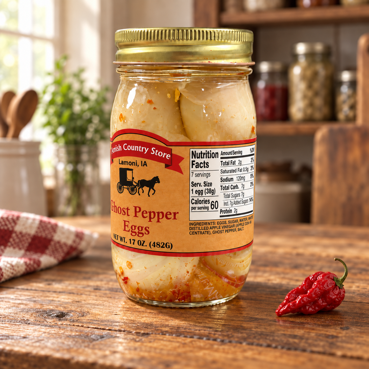Ghost Pepper Pickled Eggs | 17 oz jar on a rustic kitchen table