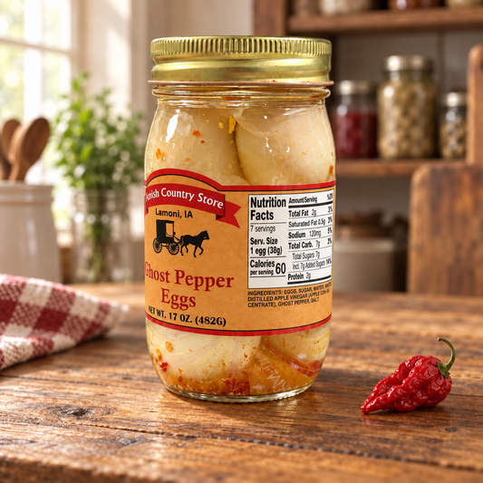 Ghost Pepper Pickled Eggs | 17 oz jar on a rustic kitchen table