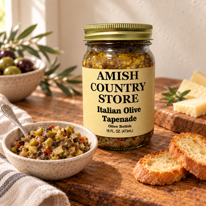 Italian Olive Tapenade 16 fl oz jar with a bowl of chunky olive relish, toasted bread, and cheese on a warm rustic table