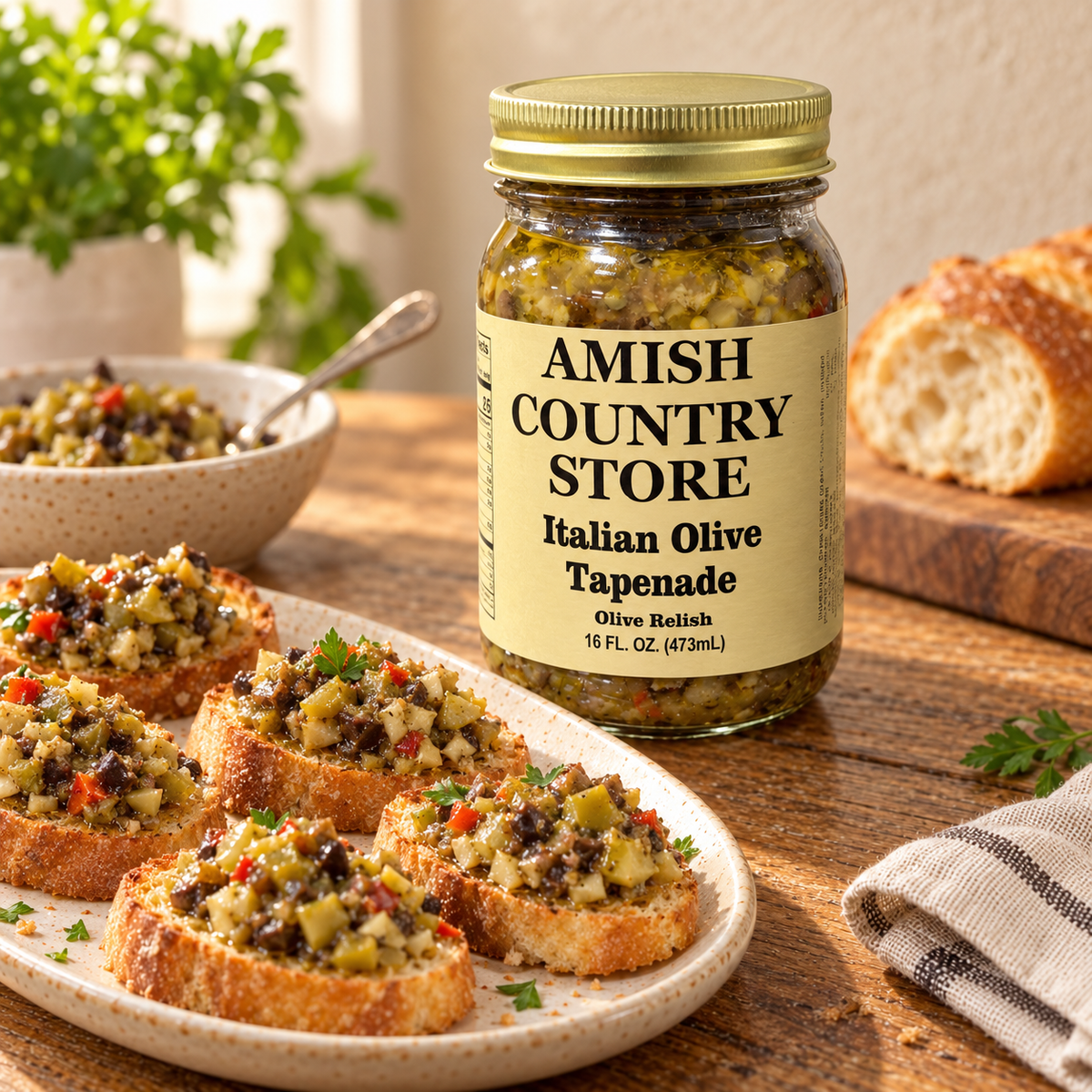 Italian Olive Tapenade 16 fl oz jar beside toasted crostini topped with chunky olive relish on a rustic table