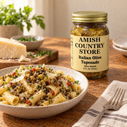 Italian Olive Tapenade 16 fl oz jar beside a bowl of pasta tossed with olive relish and parmesan