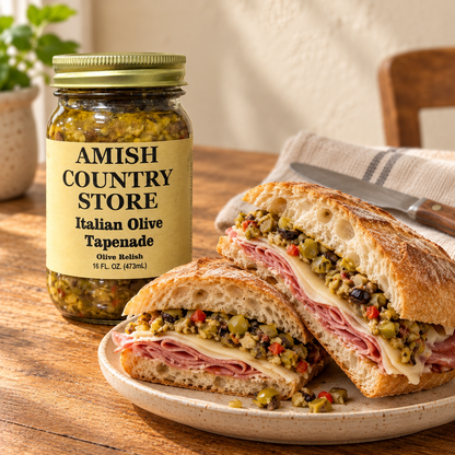 Italian Olive Tapenade 16 fl oz jar beside a toasted deli sandwich layered with olive relish